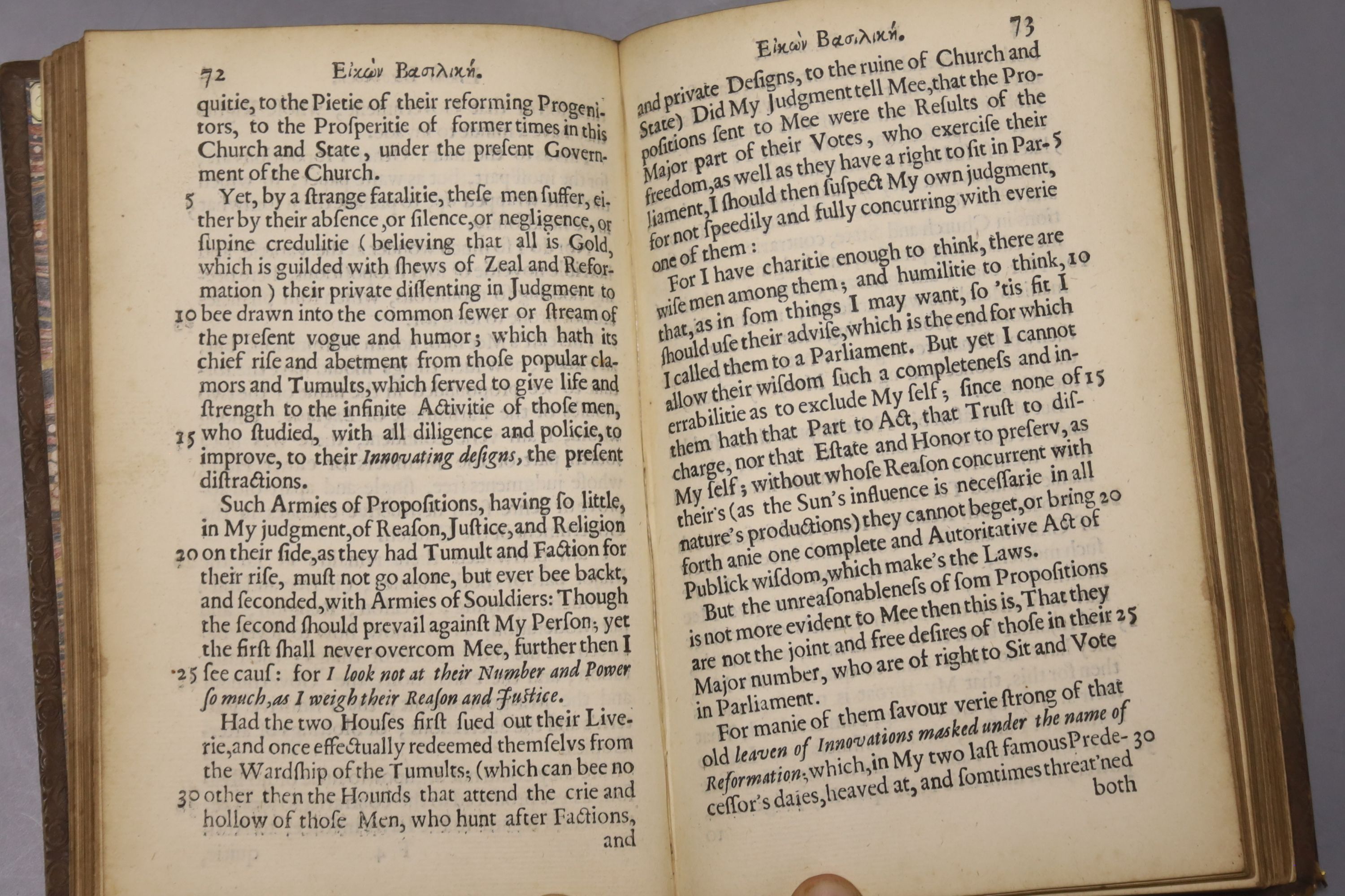 Eikon Basilike – The Pourtraicature of His Sacred Majestie in His Solitudes and Sufferings …, title printed in red and black, folded portrait frontis (with engraved text), another portrait plate, Praiers & Apophthegata f